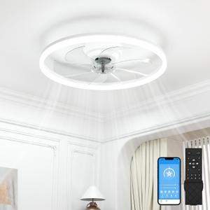 VOLISUN Low Profile Ceiling Fans with Light and Remote, 20in Fandelier Ceiling Fan with Lights, 3000K-6500K Dimmable Flush Mount LED Fan Light, White Bladeless Ceiling Fans with Lights for Bedroom