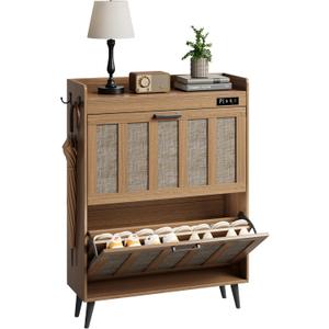 ChooChoo Shoe Storage Cabinet with 2 Flip Drawers, Deodorizing Shoe Organizer Storage for Entryway, Freestanding Hidden Slim Narrow Shoe Rack Cabinet, Rustic Oak