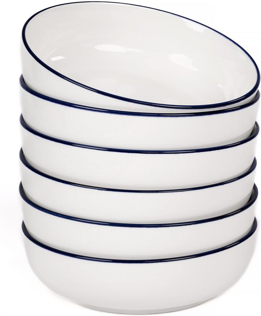 OTAGO 8" Stoneware Salad and Pasta Bowls Set of 6, Porcelain Ceramic Bowls with Blue Rim, Microwave & Dishwasher Safe Tableware for Kitchen, Dinner & Dining