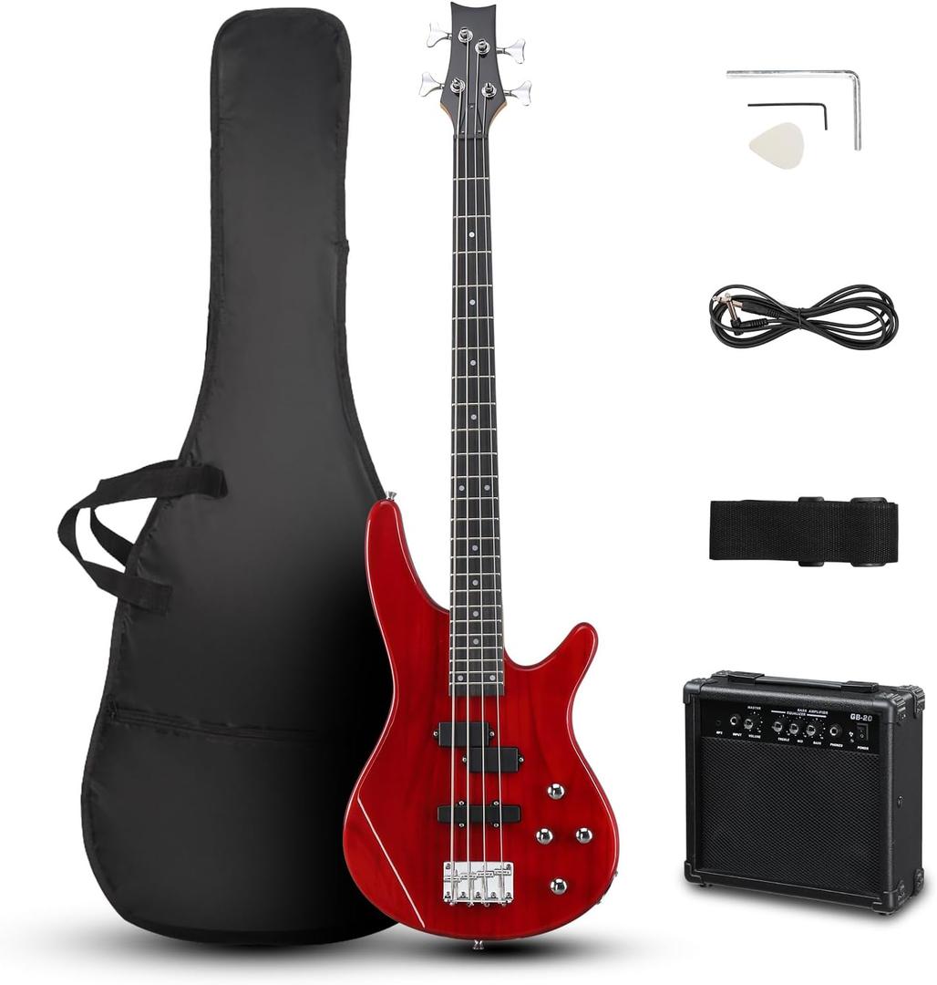Ktaxon Electric Bass Guitar 4 String Bass Guitar with 20 Watt Amplifier, PJ Type Pickup, Naturally air-dried Maple Neck, Rosewood Fretboard, Basswood Body(Red) (Full)
