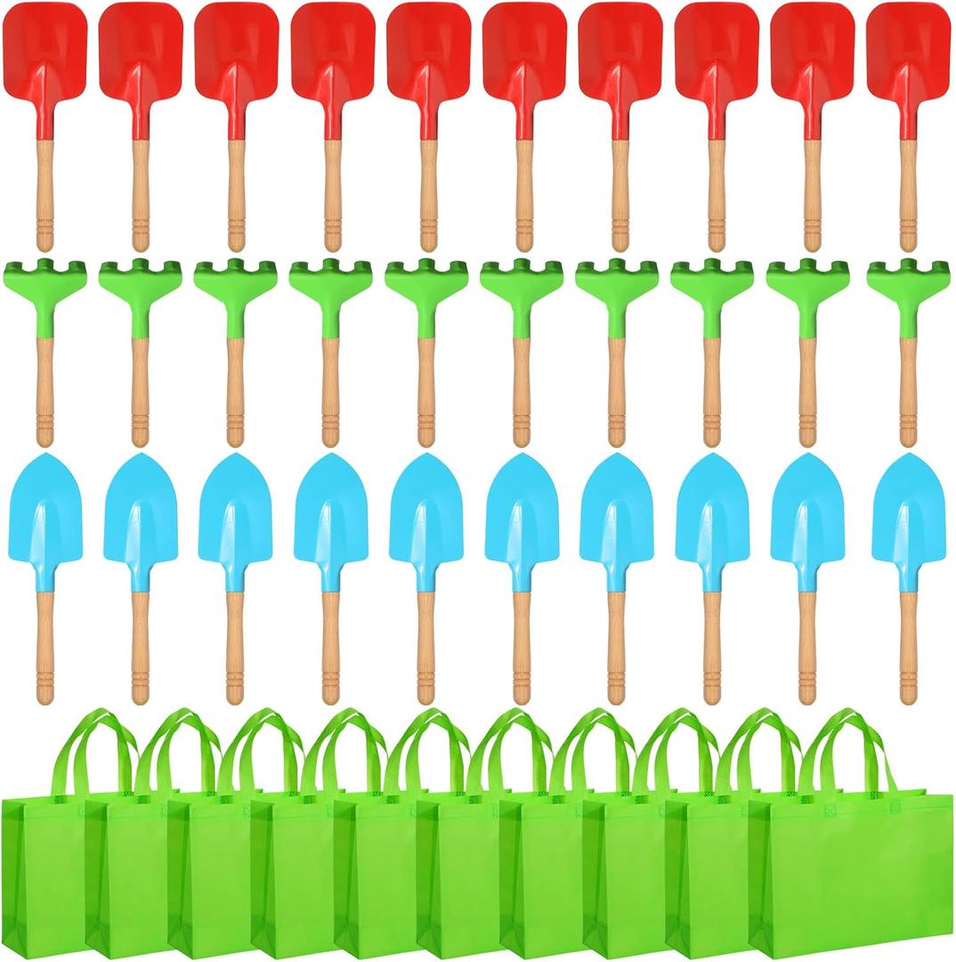 Liliful 40 Pcs Kids Gardening Tools 10 Garden Rake 10 Garden Shovel 10 Garden Trowel 10 Green Tote Bags Metal Garden Tools with Wooden Handle Beach Sandbox Toy for Planting Loosening Digging