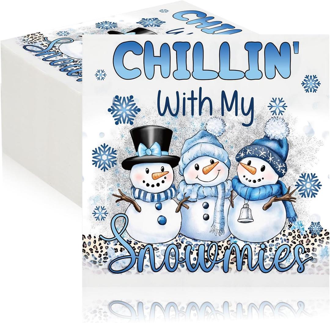 100 Pieces Christmas Winter Paper Napkins Snowman Disposable Napkins Chillin with My Snowmies 2 Ply Guest Paper Towel for Xmas Winter Holiday Bathroom Kitchen Decor