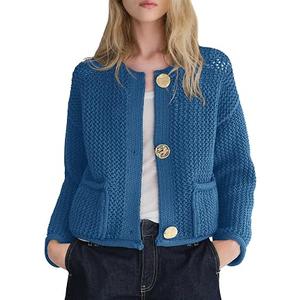 Balimtoy Women’s Cropped Sweater Jackets Cute Crewneck Button Down Long Sleeve Crop Knit Cardigan with Pocket Blue XL