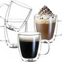 Double Wall Insulated Glass Coffee Mugs set of 4-13 oz Clear Hand Blown Glass Coffee Cups with Handle for Cappuccino, Latte,Espresso,Tea Bags,Americano,Beverages, Gifts for Christmas