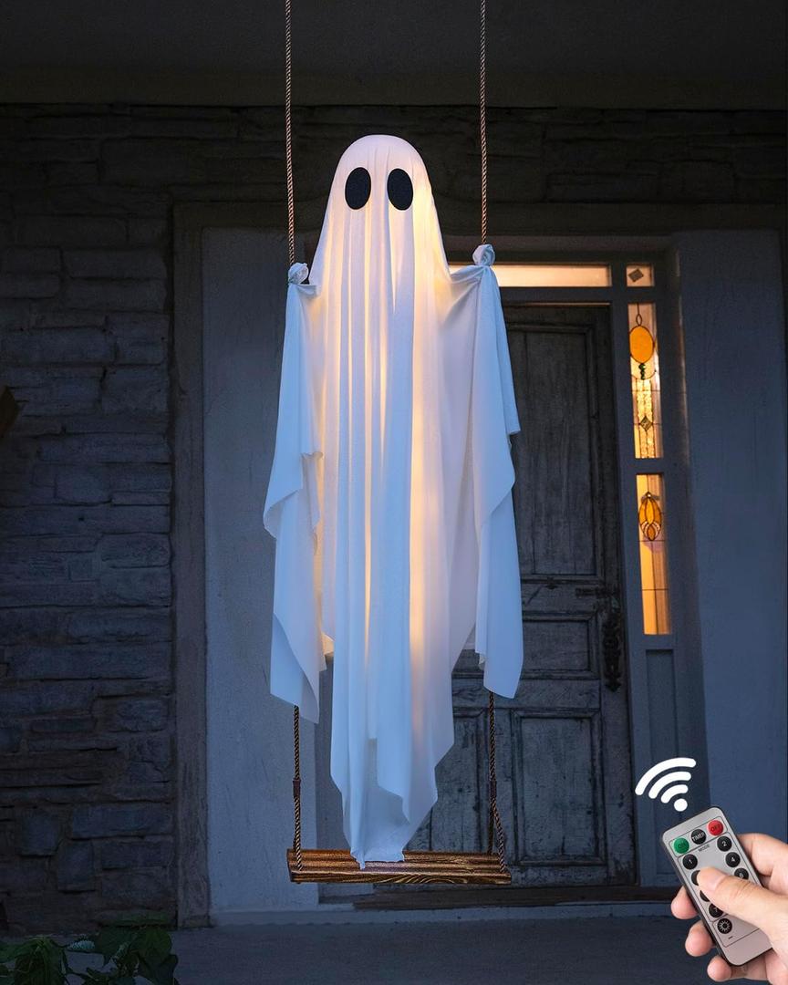 Halloween Decorations Outdoor - 5 FT Large Hanging Swing Ghost Halloween Decor with String Lights, Spooky Cute Ghosts Decorations for Front Porch Yard Tree