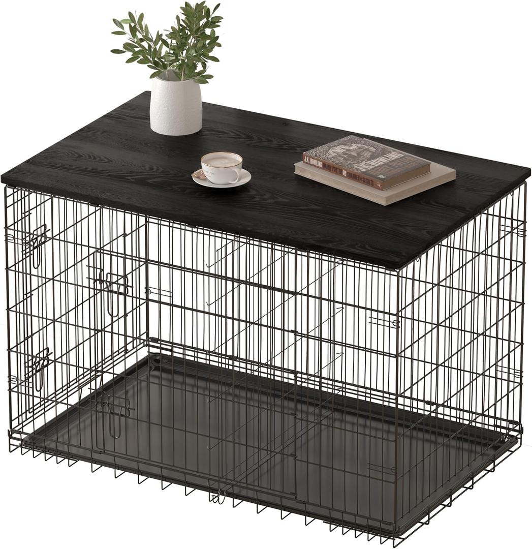 Piskyet Dog Crate Topper Wood Countertop for 48 42 36 30 24 inch Dog Cage, Dog Crate Cover,Dog Kennel Topper(Crate Not Include) (Black, for 42 Inch Crate)