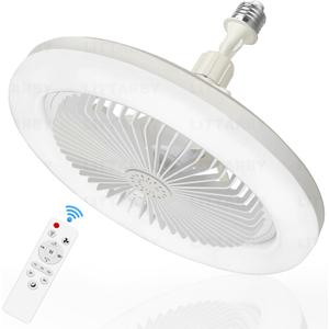 Socket Fan Light with Remote Control, 3 Colors 3000K-6500K Dimmable LED Light Bulb Fan Screw in Ceiling Fan for Bedroom, Kitchen, Storage Room, Closet, Wireless Small Ceiling Fans with Lights - White-Small