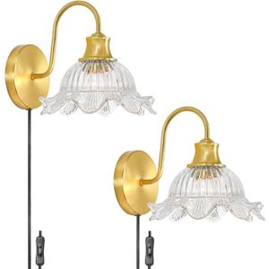 Brushed Gold Plug in Wall Sconce Set of 2, Vintage Plug in Sconce with 7.9 in Clear Glass Shade, Modern Wall Light for Bedroom, side of bed, Hallway, Home Decor, 6.23 FT Adjustable Cord, E26 Base