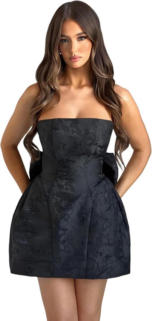 JUMISEE Embroidery Satin Homecoming Dress with Bow Modest Strapless Mini Dresses A Line Short Prom Dress Party Gown Small