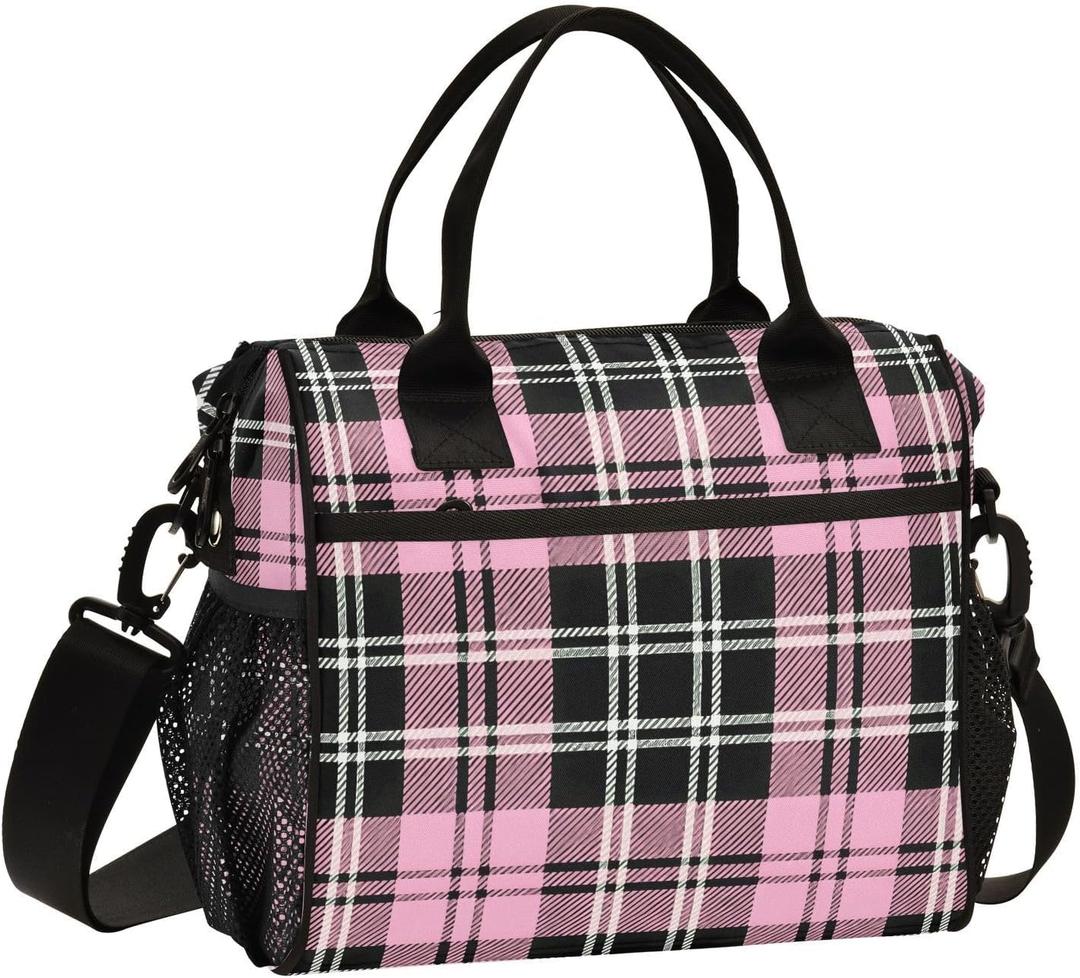Pink Black Tartan Plaid Valentines Lunch Bag Insulated Cooler Bag Tote Reusable Lunch Box for Women Men Adult Adjustable Shoulder Strap Leakproof for Work Picnic