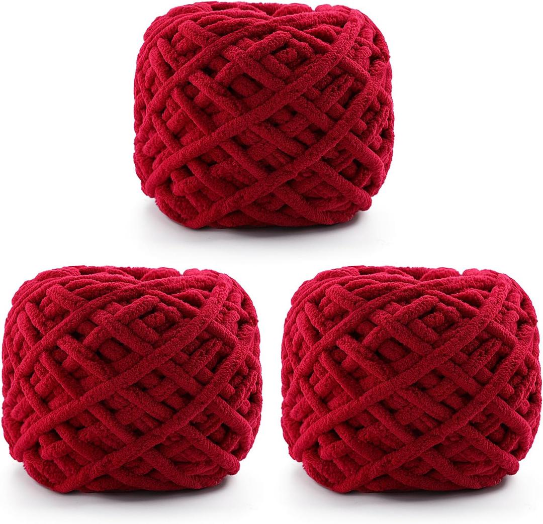 3 Pack Chunky Chenille Yarn for Crocheting, Fluffy Baby Blanket Yarn for Crochet Sweater Shawl Scarf Gloves, Super Soft Amigurumi Plush Yarn 222 yds/10.5 Oz (Jujube Red)