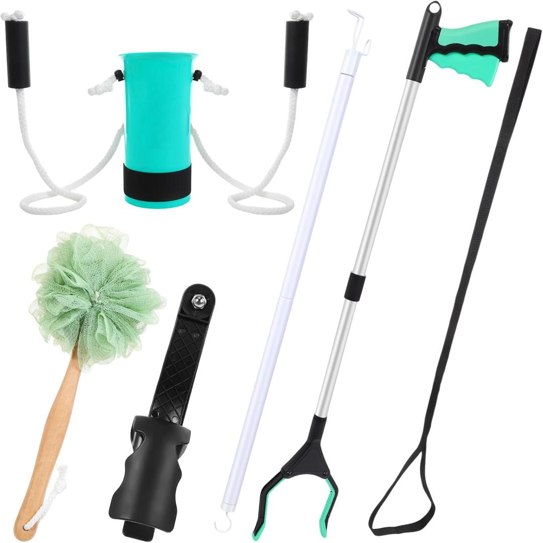 Domensi 6 Pcs Total Hip Kit with Leg Lifter Hip Back Knee Replacement Recovery Aid for Seniors Pregnant 32'' Foldable Grabber Sock Assist Device No Bending Shoe Horn Dressing Stick Bath Sponge (Green)