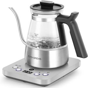 CASABREWS KEG5831 Gooseneck Electric Kettle, Stainless Steel Glass with Temperature Control & Reservation Time Function, Pour Over Kettle for Coffee & Tea, Fast Boiling, Auto Shut-Off, 1200W/0.8L