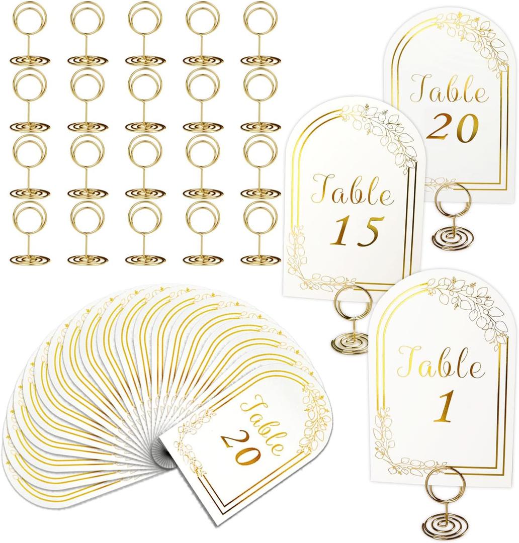 Wedding Table Numbers 1-20, 20 White Gold Tables Number Cards with 20 Gold Table Holders, 1 Set of 20 Numbers Card for Wedding Reception(Card and Holder)