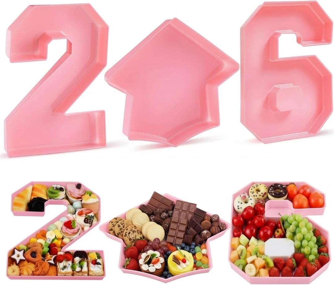 Tellingyou 3 Pcs 13.7" 2026 Graduation Fillable Letter, Plastic Number Trays for Food 2026, Charcuterie Number, Grad Fillable Letter for Class of Congrats Grad Party Supplies(2026,Light Pink)