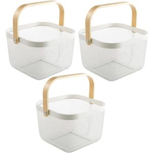 3 Pack Metal Mesh Steel Basket, Storage Organizer Basket Multi-function Hanging Kitchen Baskets Fruit Basket Bin with Wood Handle for Kitchen Bathroom Picnic Cabinet Home Decor, 3PCS-White