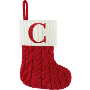 Christmas Stockings with Initials, 7 Inch Mini Letter Stocking, Embroidered Small Red White Cable Knitted Christmas Decoration for Home Family Holiday Xmas Tree Fireplace Gifts-Letter C