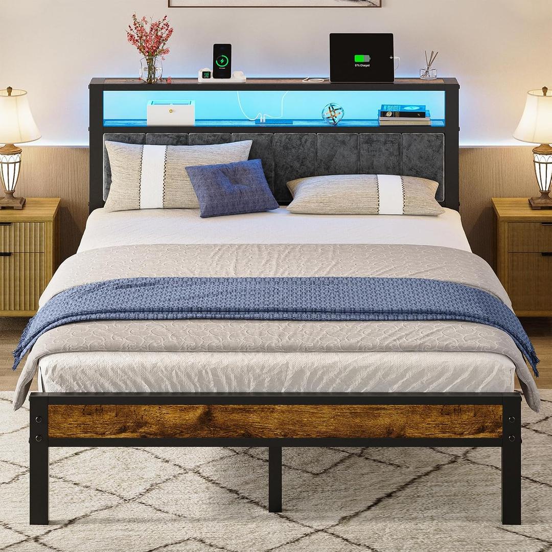 Liians Queen Size Bed Frame with 2-Tier Storage Shelf Headboard, LED Lights