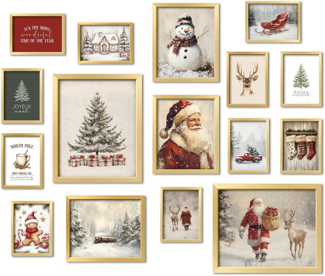 ANERZA 16 PCS Framed Christmas Wall Art Decor, Vintage Gallery Wall Frame Set Prints for Bedroom Bathroom, Winter Posters for Living Room Aesthetic, Dorm Home Artwork Collage Kit, Christmas Gifts (12"x15" Framed)