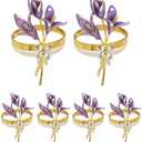 Gold Lily Napkin Rings Set of 6, Metal Napkin Ring Holders for Wedding Party Holiday Banquet Christmas Dinner Delicate Serviette Buckles Decor Favor (Lily-Purple)