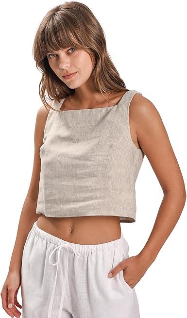 Amazhiyu Womens 100% Linen Summer Square Neck Sleeveless Back Keyhole Crop Tops M