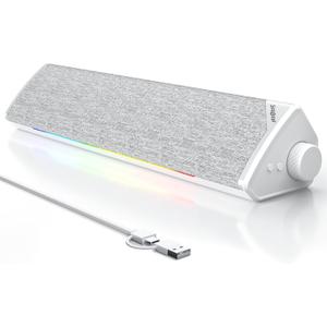 SOULION Computer Speakers, USB-Powered Bluetooth PC Soundbar with Dynamic RGB LED Lights, Surround Sound for Desktop, Laptop, Office, Work, Music & Gaming White (USB-C to USB Adapter Included)