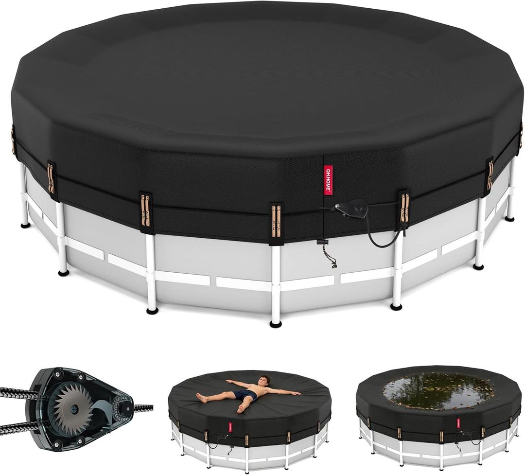 QH.HOME 12ft Round Pool Cover,[Ultimate Windproof & Tear-Resistant Fabric],Snug Fit with Patented Ratchet & Weight Rings,Solar Pool Cover for Above Ground Pools, Blocks Leaves &Waterproof