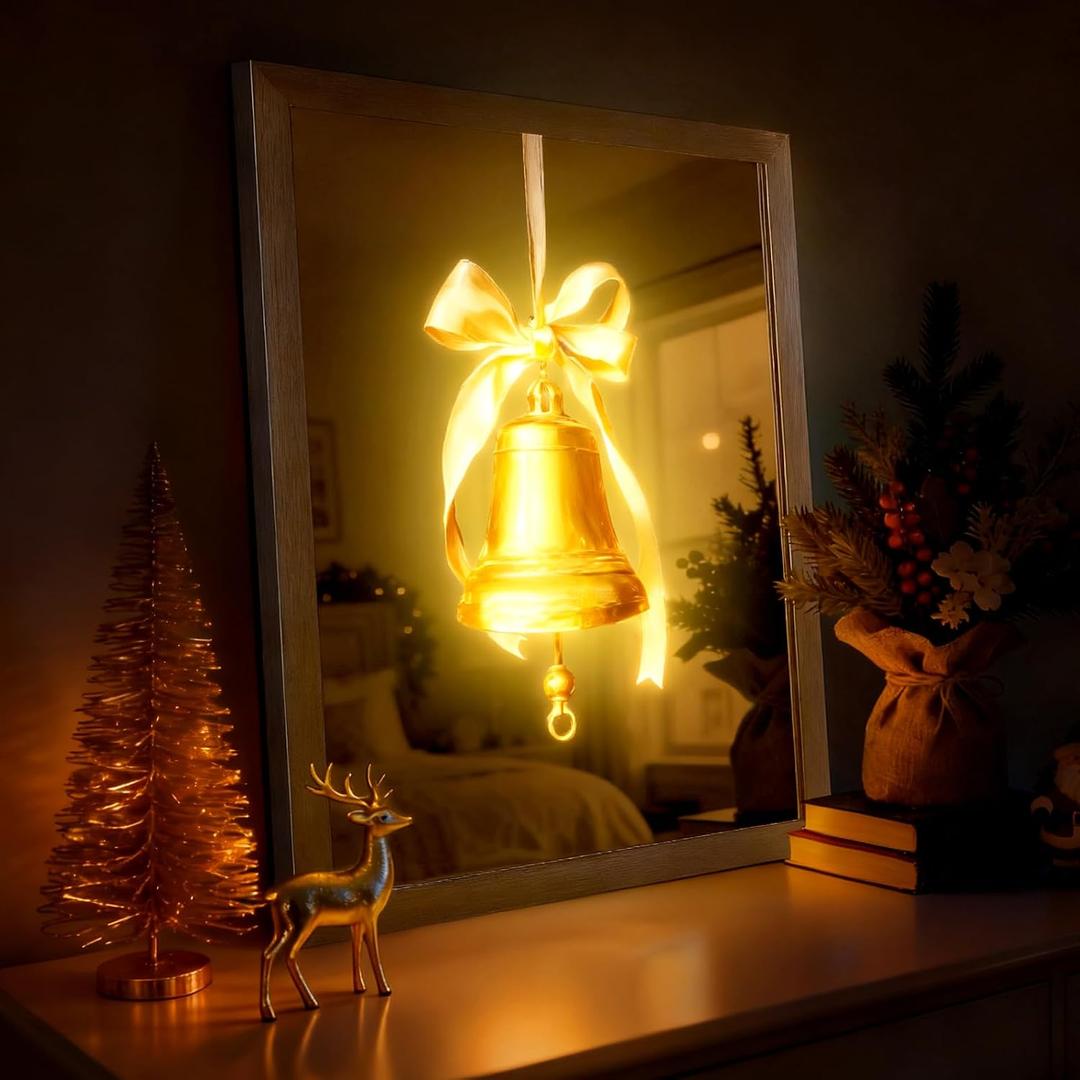 VIYYIEA Christmas Decor+Mirror+Led Light, Versatile 3-in-1 Design, Jingle Bell Wall Art, Decorative Mirror with USB Power, Modern Illuminated Wall Decor for Living Room 20L x 16W