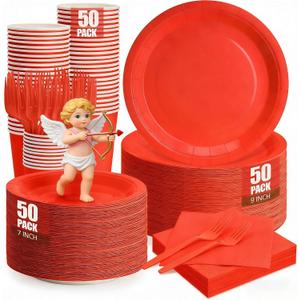 250Pcs Red Paper Plates and Napkins Party Supplies Include 9’’Disposable Red Party Plate, 7’’Dessert Plates Cups Napkins Forks Sets for Birthdays, Weddings, Graduations, Valentines, Serves 50, 50SET