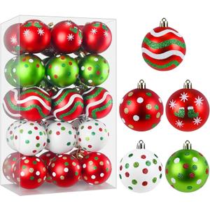 Christmas Ornaments Balls - 30 Pcs 2.4 Inch Shatterproof Plastic Christmas Balls Sets, Red Green & White Small Christmas Tree Ball Hanging Ornaments for Holiday Wreath Party Christmas Tree Decor (E)
