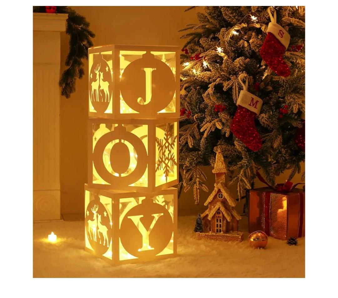 Light Up Christmas Decorations Indoor - 3pcs White Hollow-Out Paper Joy Boxes with Warm Light String, Holiday Fireplace Christmas Decorations for Home