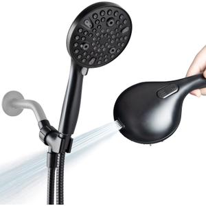 High Pressure Handheld Shower Head, 10-Setting Showerhead, 4.7Detachable Showerhead Set with 5ft Hose, Adjustable Bracket and Built-in Power Wash to Clean Tub, Tile & Pets - Black