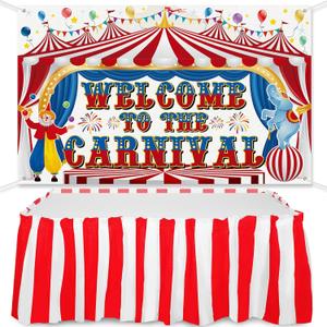 Macarrie Halloween Carnival Circus Party Decorations 71 x 43 Inch Trunk or Treat Car Decorations Carnival Backdrop Welcome Banner & Red White Striped Table Skirt Set for Circus Theme Party Supplies