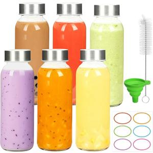 6 Pack Glass Juice Bottles with Lids  5 oz Clear Water Bottles With Stainless Steel Cap  Liquid Storage Containers for Juicing, Refrigerator  Includes 12 blank labels, 1 Folding Funnel and 1 Brush