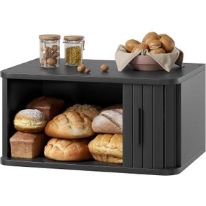 WOWLIVE Bread Box for Kitchen Countertop, Large Roll Top Bread Boxes with Sliding Door, Airtight Bread Storage Container for Loaves, Pastries & Bagels, Bamboo Counter Organizer (Black, Medium)