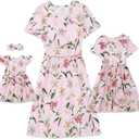 Mommy and Me Floral Dresses Mother Daughter Matching Short Sleeve Tshirt Midi Dress Crew Neck Outfits with Pockets (Large, Pink)