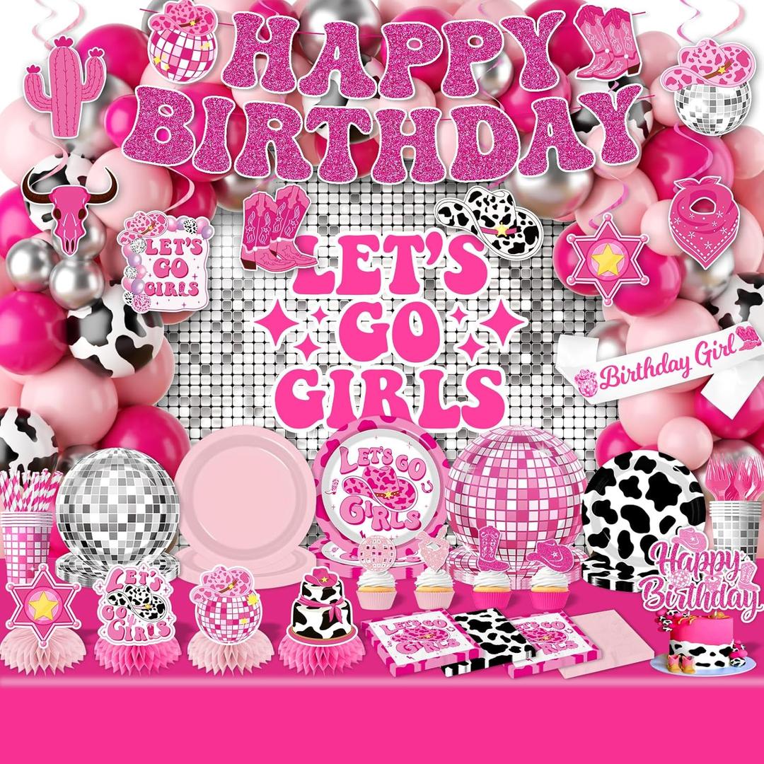 Cowgirl Birthday Party Decorations,275Pcs Disco Cowgirl Party Decorations with Cowgirl Balloon Arch, Lets Go Girls Backdrop, Tableware Banner Tablecloth for Western Cowgirl Last Rodeo Bachelorette Decor