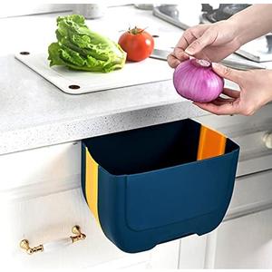 Hanging Folding Mini Trash Can for Kitchen Cabinet Door, Small Collapsible Garbage Bin Under Sink,Wall Mounted Folding Waste Bin- Mini Garbage Container for Cabinet/Bedroom/Bathroom 3L (Blue Yellow)