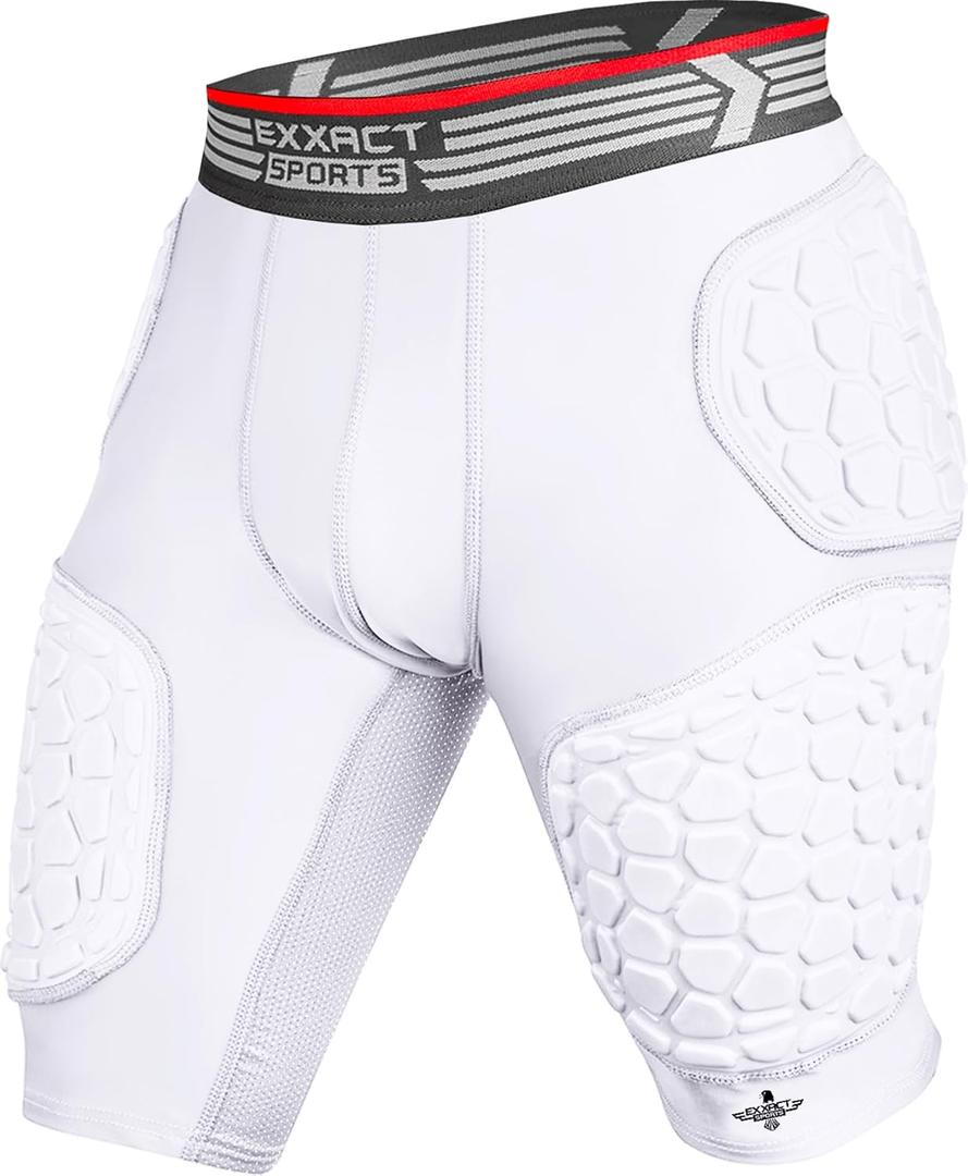 Exxact Sports Elite 5-Pad Adult Football Girdle for Men with Cup Pocket, Padded Compression Shorts with Integrated Hip, Thigh, Tailbone Pads, Men's Girdle Football (Adult 3X-Large, White)