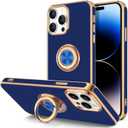 Hython for iPhone 14 Pro Max Case with Ring Stand [360 Rotatable Ring Holder Magnetic Kickstand] [Support Car Mount] Plated Gold Edge Slim Soft TPU Luxury Protective Phone Case Cover, Blue