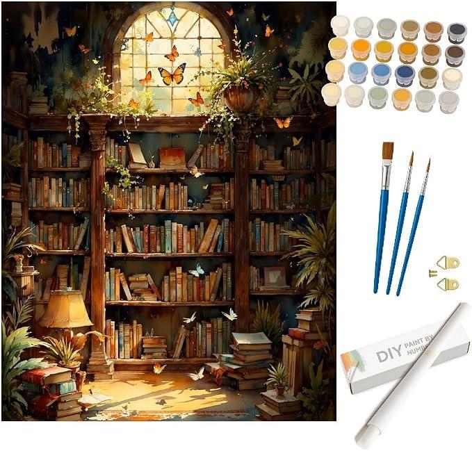 Garden Library Paint by Numbers Kit for Adults - DIY Books and Butterflies in Window Light Painting on Rolled Canvas 16x20In, Acrylic Paint Set for Beginners, Art for Home Decoration or Gifts