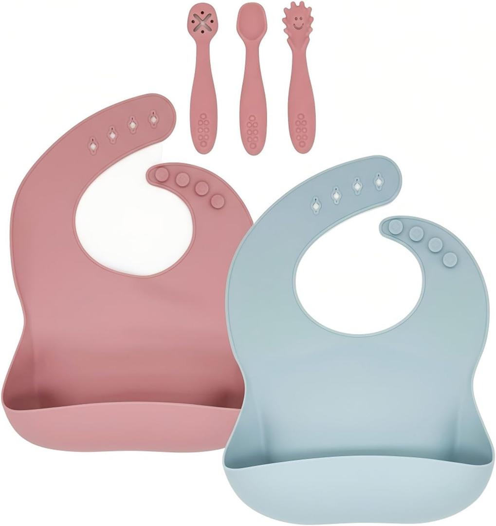 Silicone Baby Bibs 2 pcs with Silicone Baby Spoons Self Feeding Waterproof, Soft (Rosy)