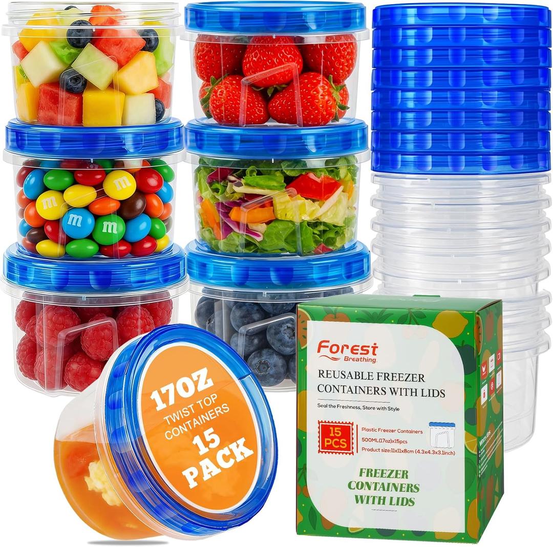 15 Pack 17oz Reusable Freezer Storage Containers with Twist Top Lids Airtight, Small Plastic Food Storage Containers for Meal Prep Leftover Lunch Fruit Salad, Soup Container Microwave Freezer Safe