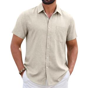 Mens Linen Shirt Short Sleeve Wrinkle Free Casual Untucked Button Down Shirts Beach Breathable Tops Summer, XL