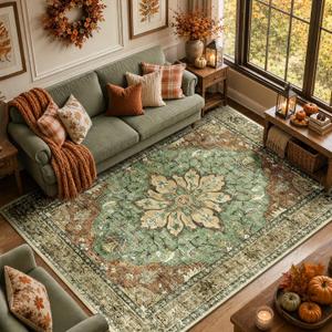 RELEANY Area Rugs 8'x10' Washable Non-Slip, Floral Vintage Distress Print Pattern Medallion Carpet for Living Room Bedroom Dining Room, Brick Red Rust Neutral Brown Burnt Orange Green