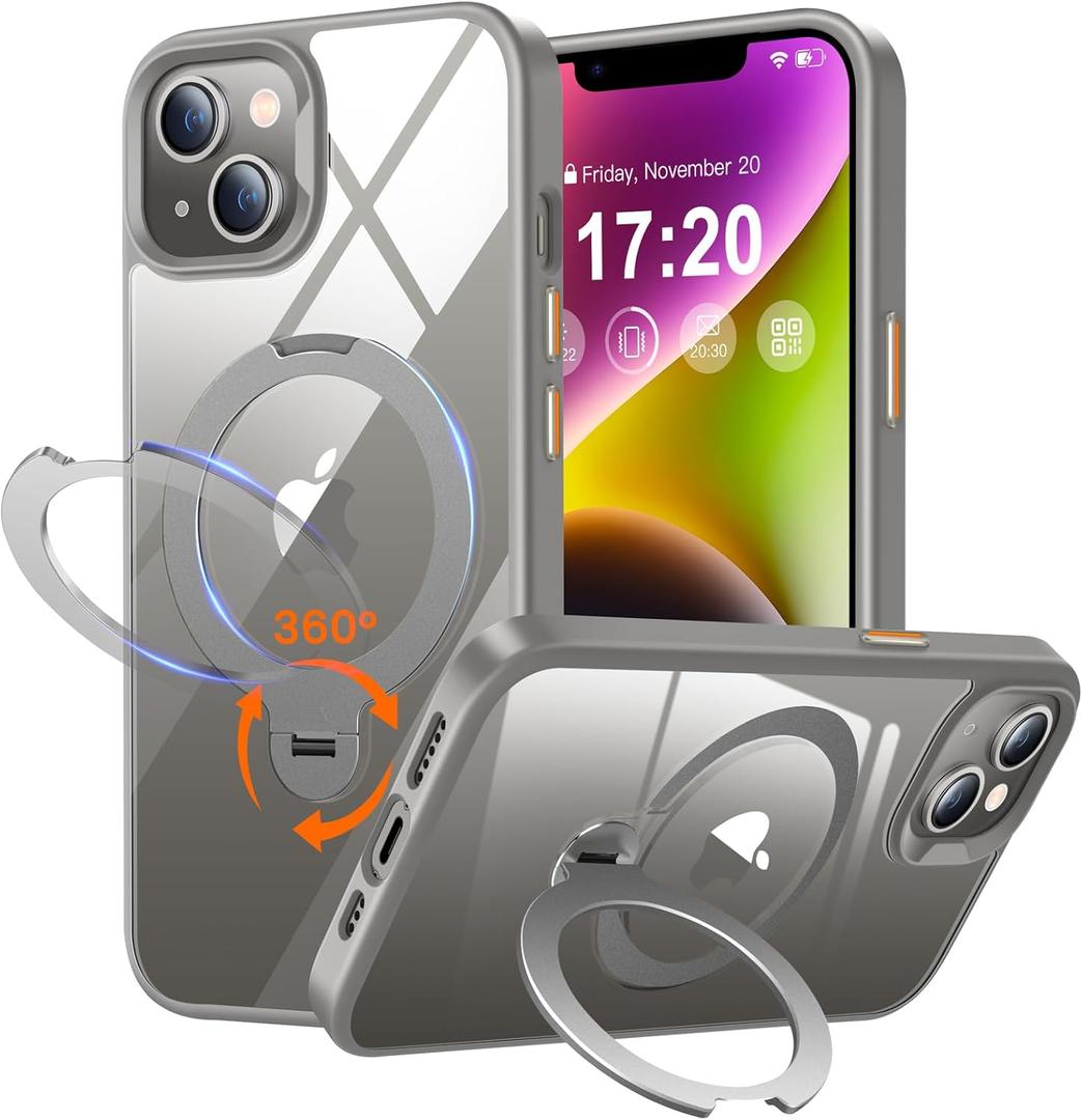 360 Rotatable Magnetic Stand for iPhone 13/14 Case Compatible with Mag-Safe 16FT Military Drop Protection, Anti-Scratch/Fingerprint iPhone 13/14 Phone Case(Clear-Grey)