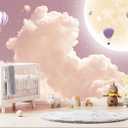 Pink and Purple Clouds Wallpaper Hand-Painted Hot Air Balloons Moon Wall Mural for Children's Room Girls Room (Not Peel and Stick)