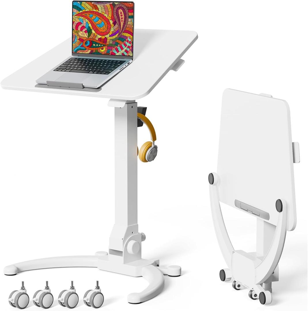 JOY worker Foldable Mobile Standing Desk, Upgraded Height Adjustable Rolling Desk, Max Height 47.6", 90 Tiltable Board & Base, Portable Workstation with Moveable Wheels, Holds Up to 22lbs, White