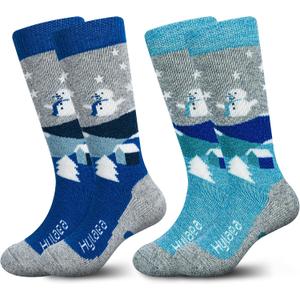 Hylaea Merino Wool Ski Socks Kids, Knee-high Warm Thermal Snowboard Skating Socks for Toddler Boys and Girls Grey Blue XX-Small