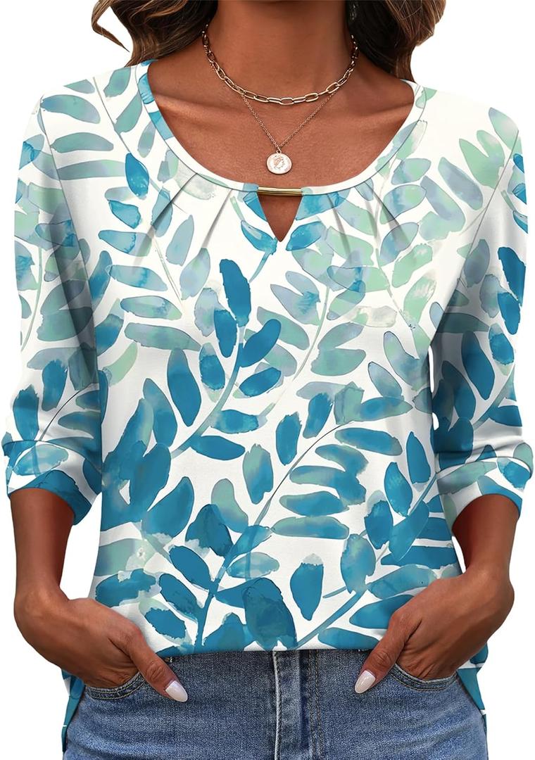 Rapbin 3/4 Length Sleeve Tops Crew Neck Casual Basic Pleated Blouses 2026 Trendy (X-Large, White Blue Leaves)